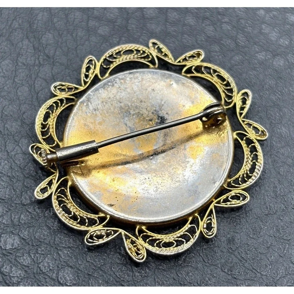 Vintage Damascene Bird Black Enamel Flower Brooch Filigree Gold Tone